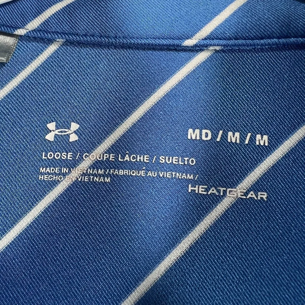 Under Armour Polo‎ Shirt Mens Medium Blue Striped Short Sleeve Loose Fit Heat